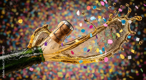 Champagne Bottle Popping Cork and Splashing Dramatically for New Year's Celebration