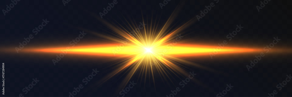 Obraz premium Orange glowing light burst with bright flare and sunbeam effect on dark transparent background.