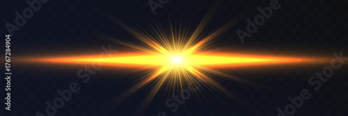 Orange glowing light burst with bright flare and sunbeam effect on dark transparent background.