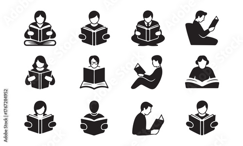 Collection of people reading books in various positions isolated on white background
