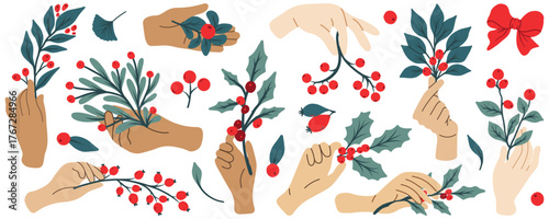 Large collection of Christmas clip art featuring hands holding branches with berries and leaves. Christmas gifts. Set of color flat vector illustrations isolated on a white background.