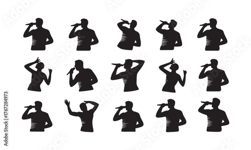 Silhouettes of singers performing with microphones isolated on white background