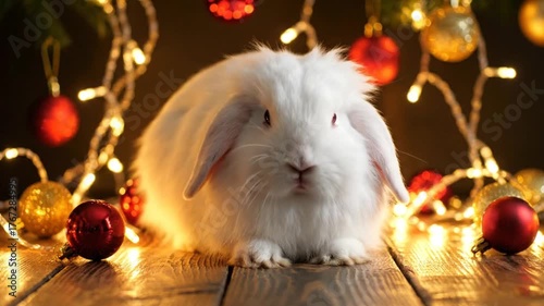 Fluffy white lop rabbit sitting among Christmas ornaments and bokeh lights
