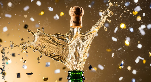 Champagne Bottle Popping Cork and Splashing Dramatically for New Year's Celebration