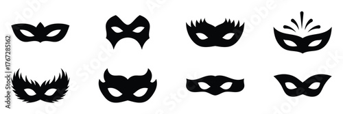 Mask superhero or carnival bandit burglar vector icon set. Black masquerade costume eye mask silhouette hidden villain scammer face. Simple design theater artist masque shape vector illustration. EPS