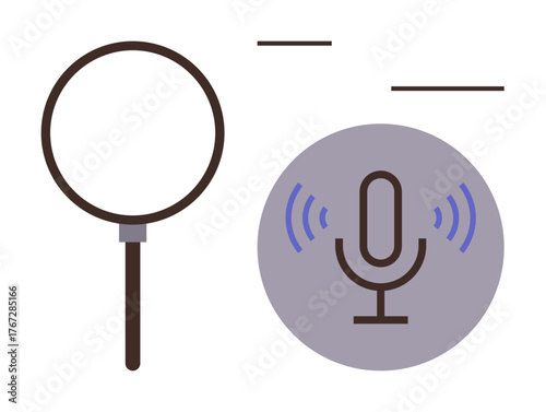 Magnifying glass and microphone icon highlighting voice recognition and search capability. Ideal for technology, search tools, innovation, AI, exploration, investigation, communication concepts