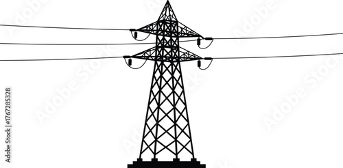 High voltage electricity pylon silhouette, power transmission tower vector, energy infrastructure, lattice structure, insulators, industrial utility, black isolated illustration