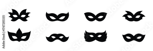 Different mask silhouette isolated on white background. Masquerade vector for apps or web party superhero carnival villain or burglar icon in flat set. Eye mask hidden person face icon