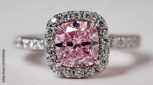 Elegant pink diamond halo ring isolated on white background