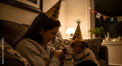 Woman and Puppy Wearing New Year Party Hats Together on Couch
