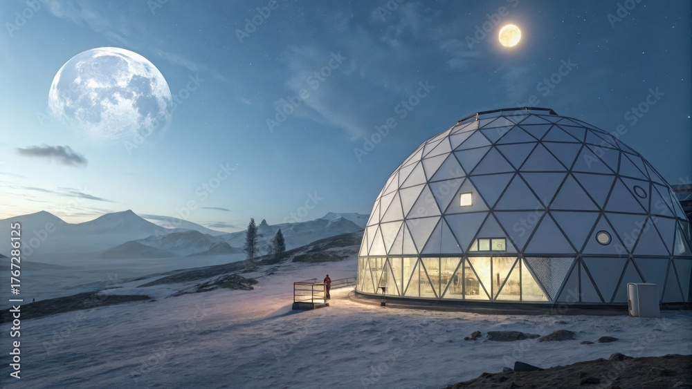 Obraz premium Futuristic Geodesic Dome on an Alien Planet at Night