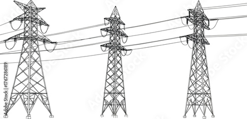 High voltage electricity transmission towers, power grid infrastructure, energy distribution lines, lattice pylons, black and white vector, engineering illustration, utility network