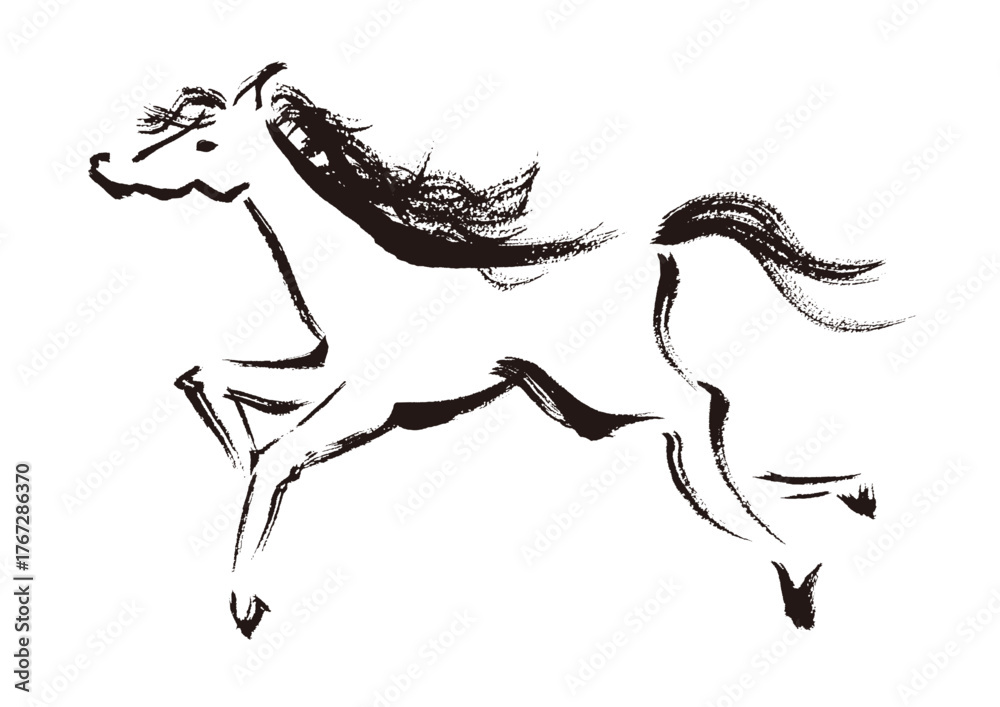 Obraz premium 年賀状 デザイン用 走る馬の手書き和風筆イラスト