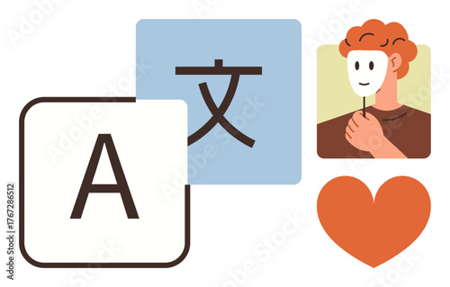 Block letters, language character, face with mask, and heart symbolize communication, identity, culture, emotions. Ideal for translation, self-expression relationships education emotions