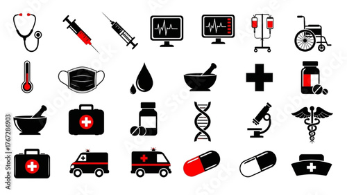 Medical Icon Set — Black, Red, and White Silhouette Symbols of Stethoscope, Syringe, ECG Monitor, IV Stand, Wheelchair, and More