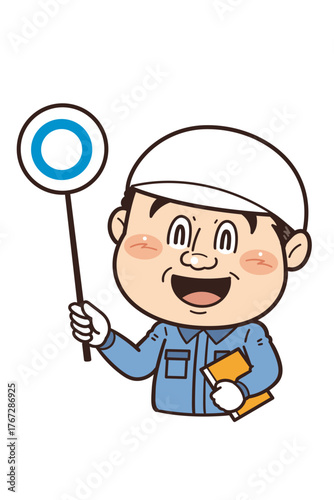 工場や現場で働く男性作業員がマルのプラカードを掲げている正解イラスト｜不安全行動・不安全状態・労働災害