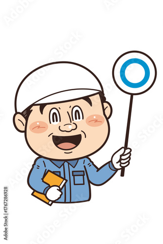 工場や現場で働く男性作業員がマルのプラカードを掲げている正解イラスト｜不安全行動・不安全状態・労働災害