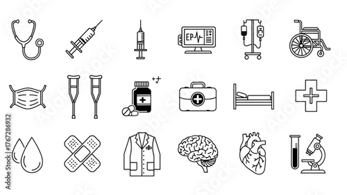 Healthcare Line Icons — Minimalist Black Stroke Illustrations of Stethoscope, Syringe, ECG, IV Stand, Wheelchair, Thermometer, Surgical Mask