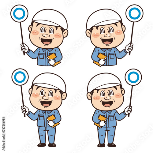 工場や現場で働く男性作業員がマルのプラカードを掲げている正解イラスト｜不安全行動・不安全状態・労働災害