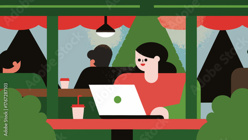 Woman working on laptop in a coffee shop with other people and drinks on the table near the window on transparent background silhouette