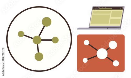 Connected nodes forming a network in a circular frame, a laptop screen, and a network diagram. Ideal for communication, technology, collaboration, data sharing, web development, visualization
