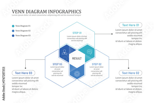 Venn diagram infographic chart template for business 3, 4, parts, options, presentation with venn diagram elements vector illustration.