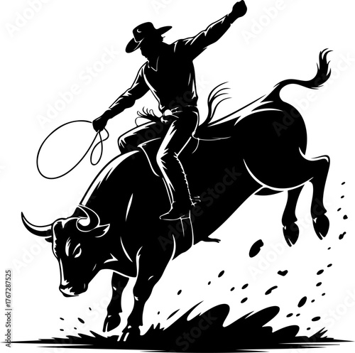 cowboy riding a bucking bull in dynamic pose silhouette Vector Art