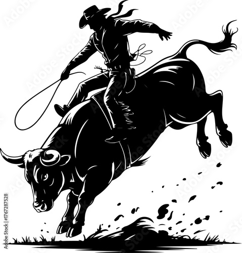 cowboy riding a bucking bull in dynamic pose silhouette Vector Art