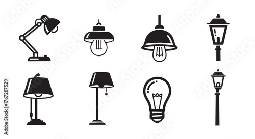 Black and white lamp icon set different styles vector illustration
