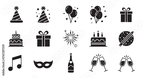 Black and white party icons including cake gift and mask