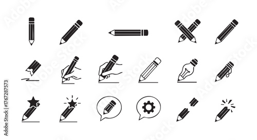 Black and white pencil icon set illustration for education creativity process