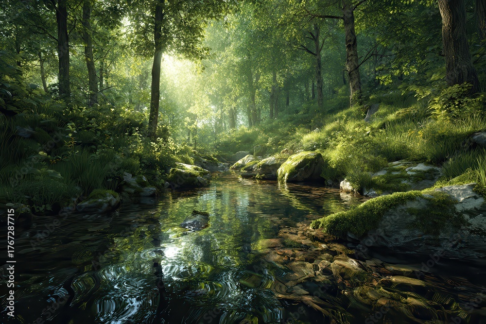 Fototapeta premium Beautiful green forest illuminated by sunlight with a tranquil forest stream flowing gently over smooth rocks and surrounded by lush foliage