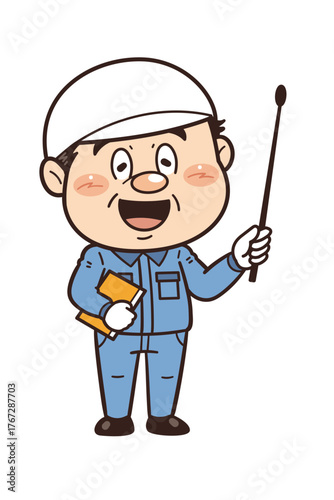 工場や現場で働く男性作業員が指示棒を持つイラスト｜不安全行動・不安全状態・労働災害