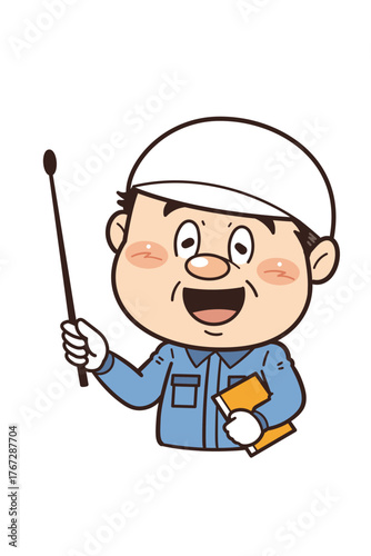 工場や現場で働く男性作業員が指示棒を持つイラスト｜不安全行動・不安全状態・労働災害