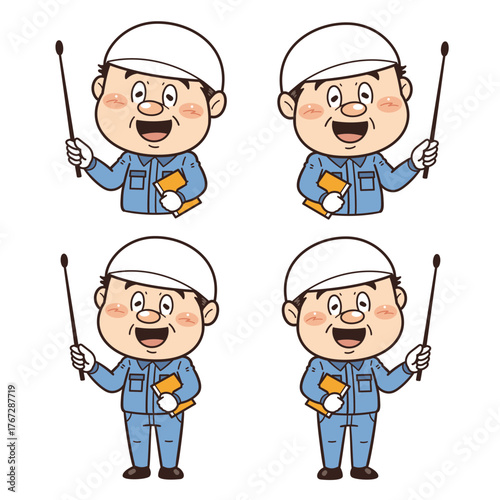 工場や現場で働く男性作業員が指示棒を持つイラスト｜不安全行動・不安全状態・労働災害