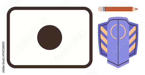 Black target in rectangular frame, pencil, and shield with stripes combine for goal achievement and security. Ideal for protection, planning, focus, accuracy, success, strategy and simplicity of