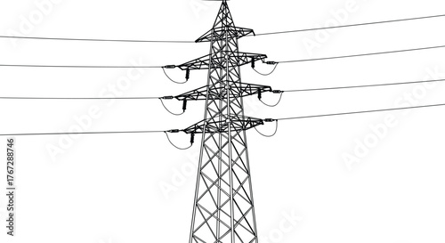 High voltage transmission tower, electricity pylon structure, power grid infrastructure, energy distribution system, steel lattice tower, overhead electrical lines, industrial utility network