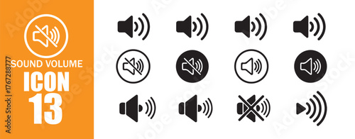 13 icon collection. speaker icon set. sound level. silent signs. Volume symbol. Set of no sound, No speaker icon