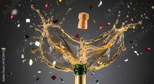 Champagne Bottle Popping Cork and Splashing Dramatically for New Year's Celebration