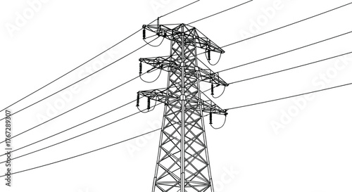 High voltage transmission tower, electricity pylon structure, steel lattice framework, overhead power lines, energy grid infrastructure, electric utility system, long distance electricity distribution