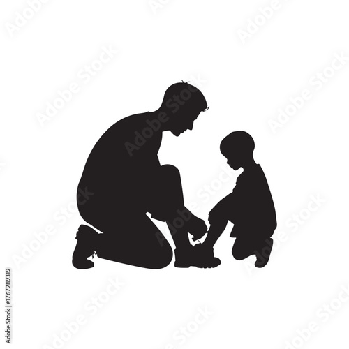 father and son bonding moment teaching to tie shoelaces vector silhouette.
