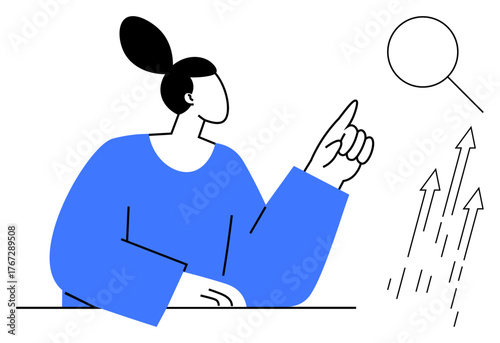 Woman with updo hairstyle pointing at circular speech bubble, alongside rising arrows. Ideal for communication, growth, development, progress, innovation, leadership education. Simple flat metaphor