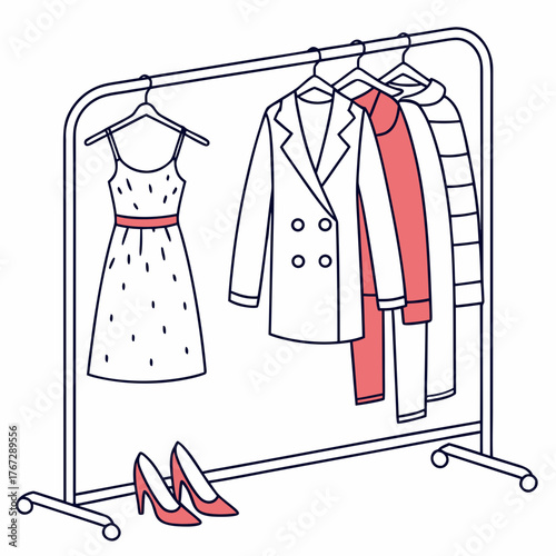 Illustration of a clothing rack with dress, coat, jacket, shoes, simple and elegant style