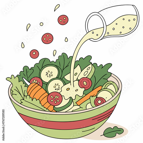 Illustration of a vibrant salad being dressed, , showcasing fresh vegetables and a light dressing