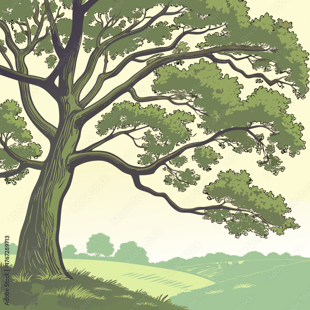 Fototapeta premium Vector art of a large tree with green leaves stands prominently in a field, with rolling hills in the background landscape