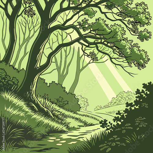 Vector art of a picturesque forest path with sunlight shining through the trees, creating a peaceful and inviting natural environment