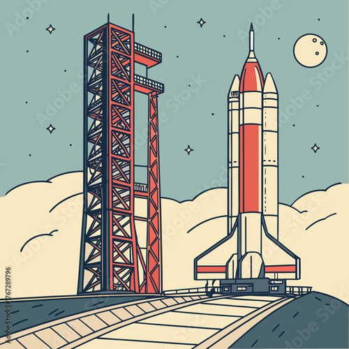 Vector art of a powerful rocket on launchpad ready for liftoff, with support tower and moon in the background