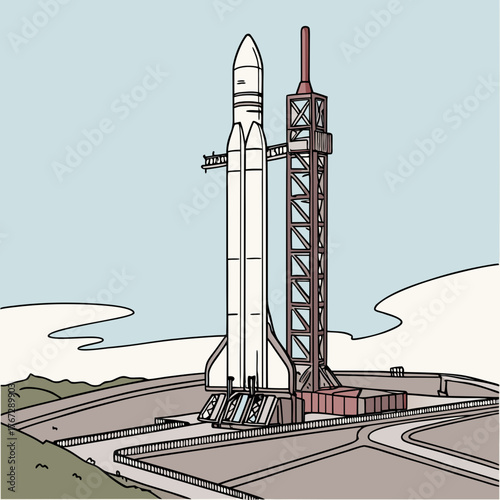 Vector art of a sleek rocket on launchpad ready for space travel, with support tower and sky in the background