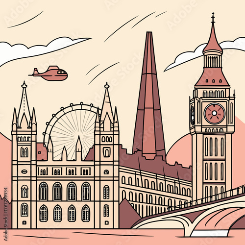 Vector art of a vibrant vector illustration of londons skyline featuring iconic landmarks and a vintage airship, vector style
