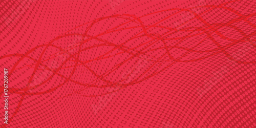 An elegant abstract design featuring subtle wavy monochrome red lines intertwined on a white speckled background.